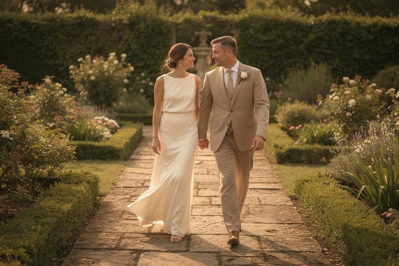 Wedding couple walking through an outdoor garden