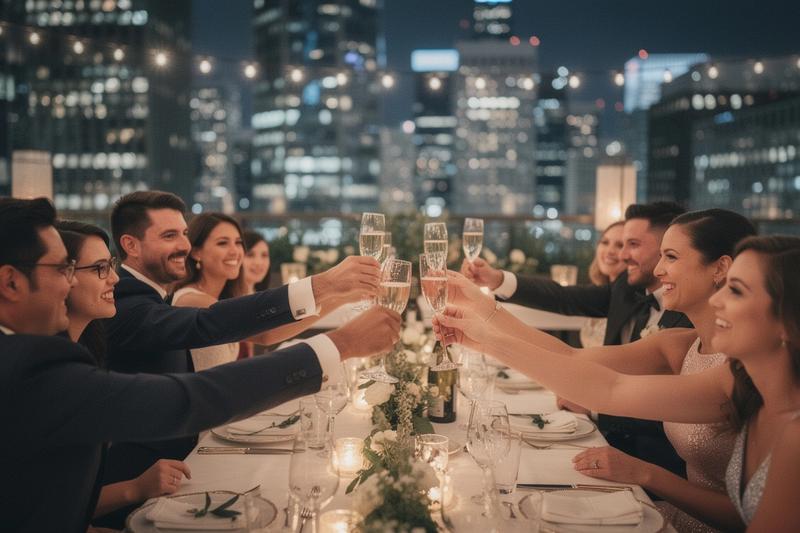 Wedding guests toasting at a reception