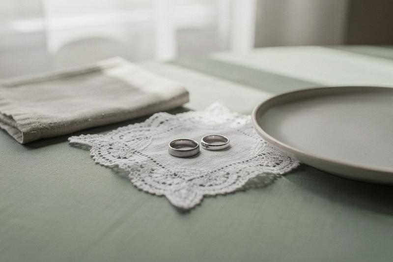 Editorial wedding details with rings and lace